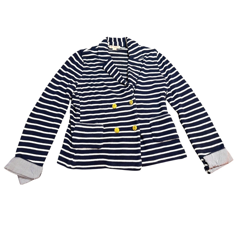 Brooks Brothers Red Fleece Navy White Striped Linen Anchor Button Blazer Coastal